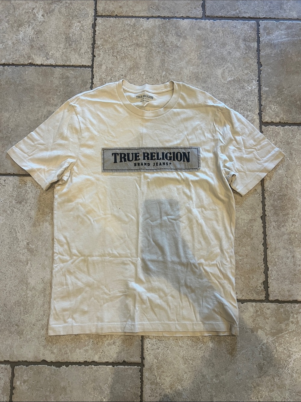 True Religion Short-Sleeve Logo Tee in Cream with Black Patch